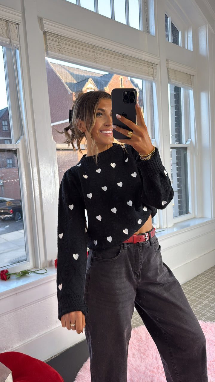 XOXO Heart Embroidered Pom Detailed Sweater, Black/Ivory