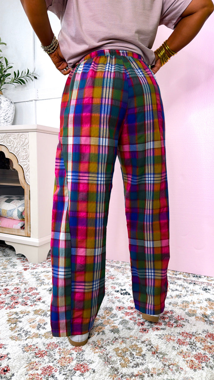 Plaid Relaxed Fit Pants, Pink/Navy Plaid