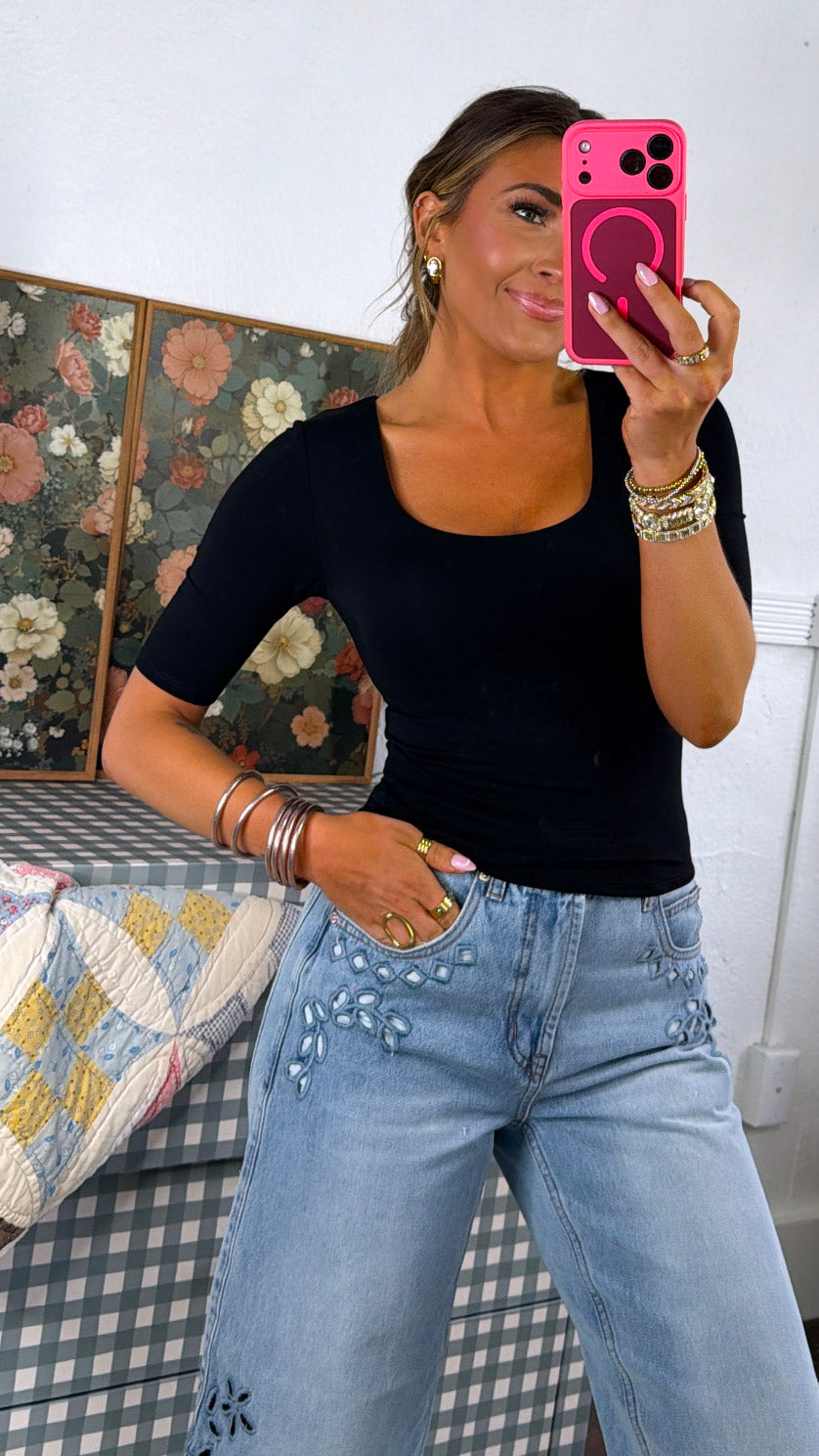 Double Layered 3/4th Sleeve Tee, Black