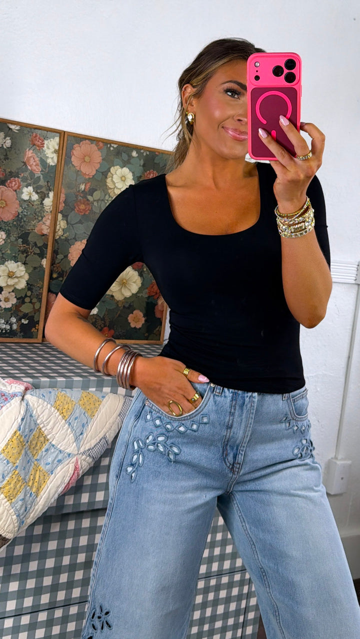 Double Layered 3/4th Sleeve Tee, Black