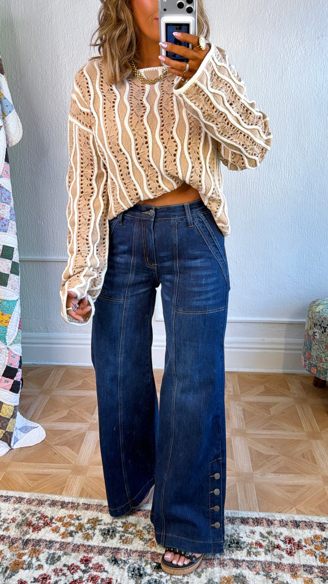 Open Sand Swirly Striped Sweater, Beige