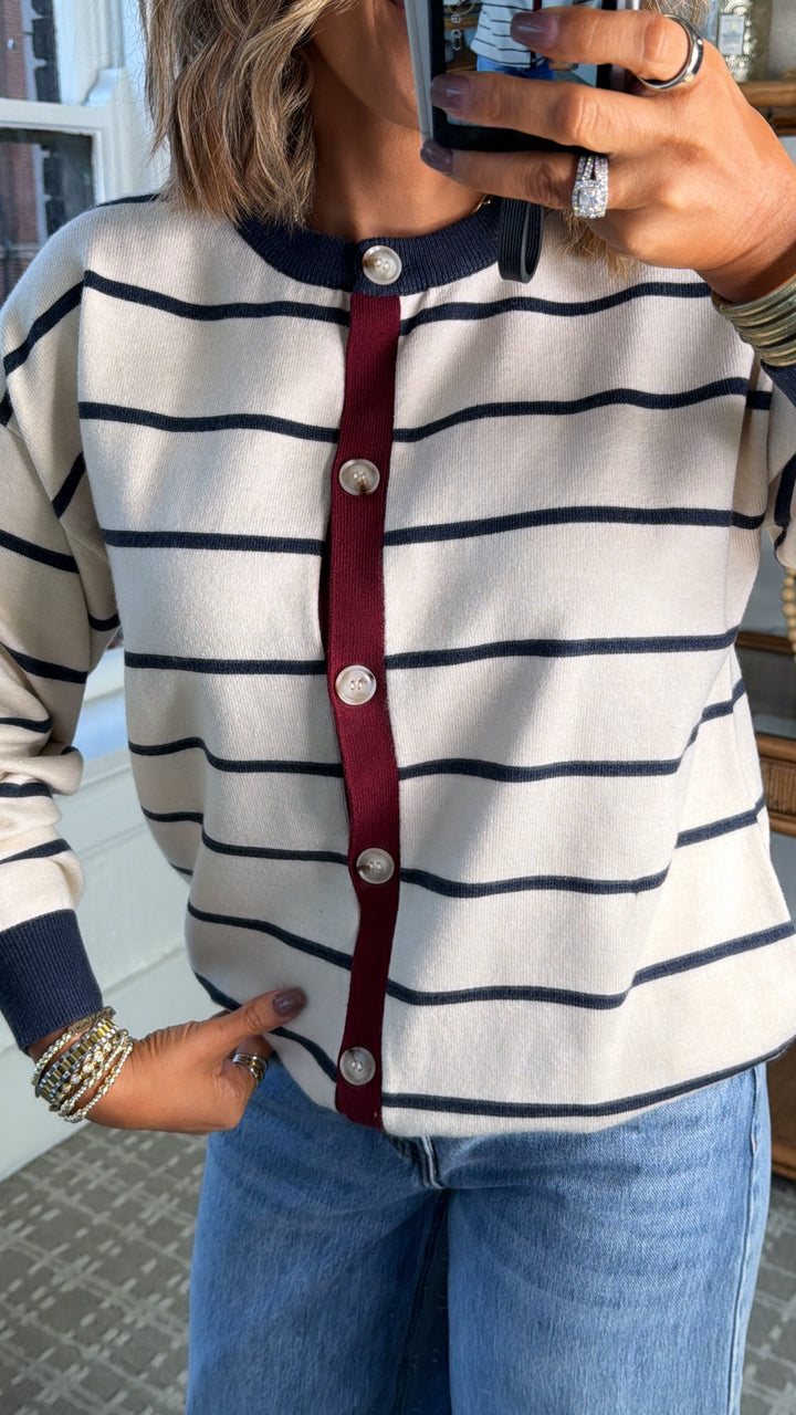 Timeless Stripe Knit Sweater, Oatmeal/Navy Stripe