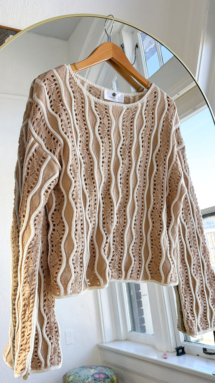 Open Sand Swirly Striped Sweater, Beige