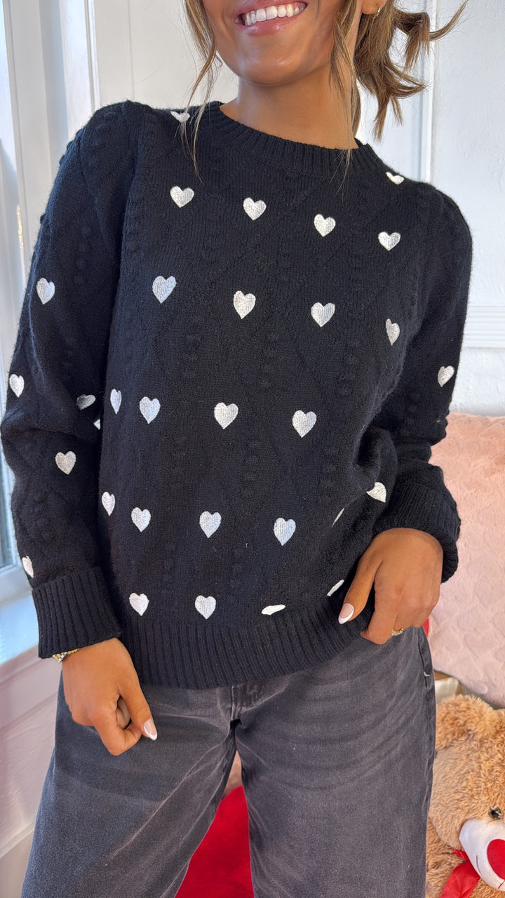 XOXO Heart Embroidered Pom Detailed Sweater, Black/Ivory