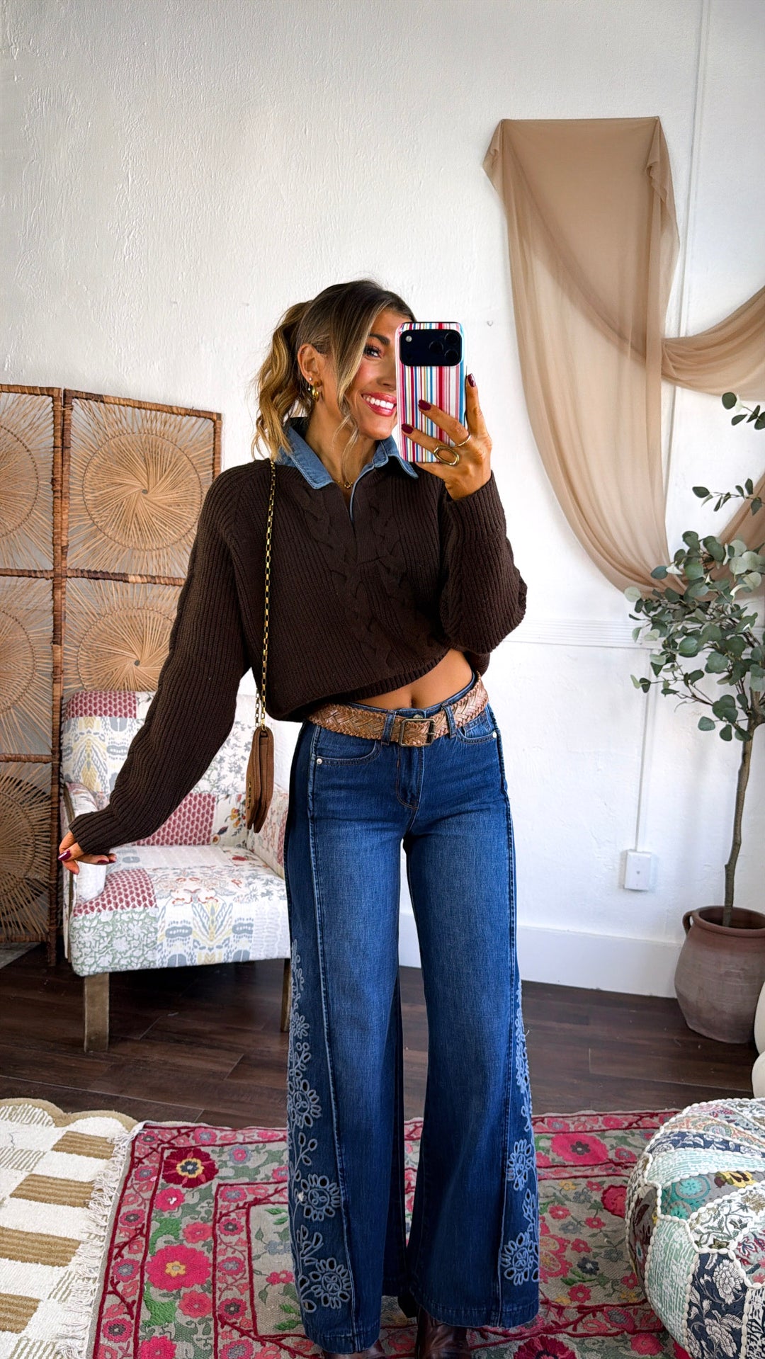 Denim Lined Sweater, Brown