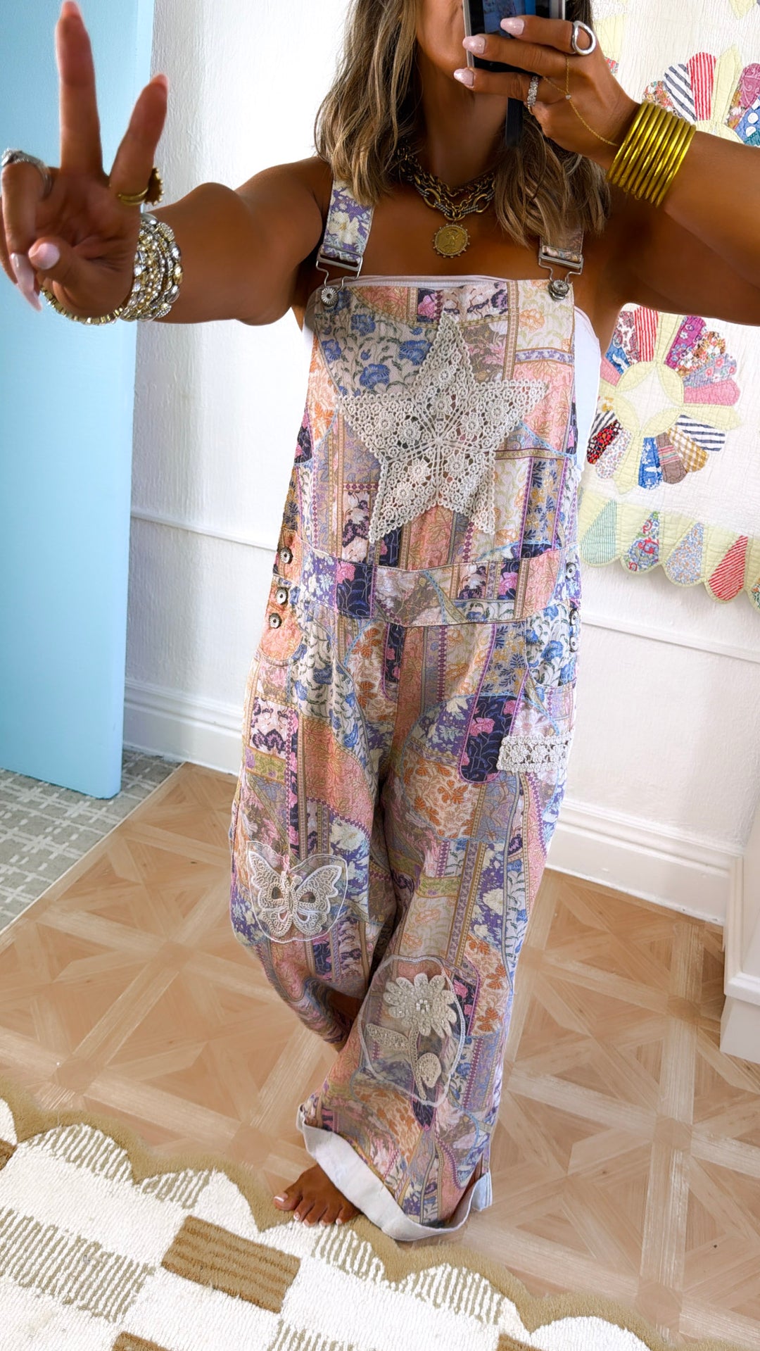 Colette Patch Denim Overall, Floral Multi