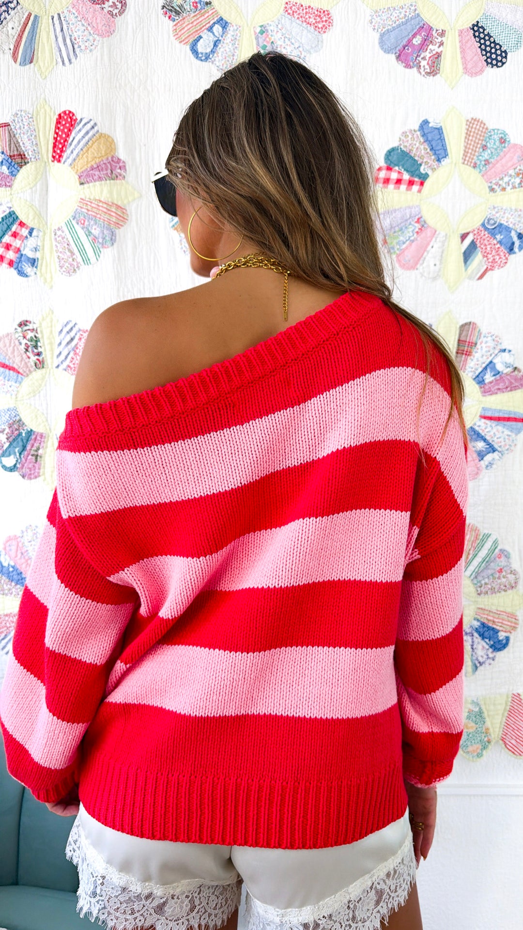Stripe Off The Shoulder Sweater, Red/Pink