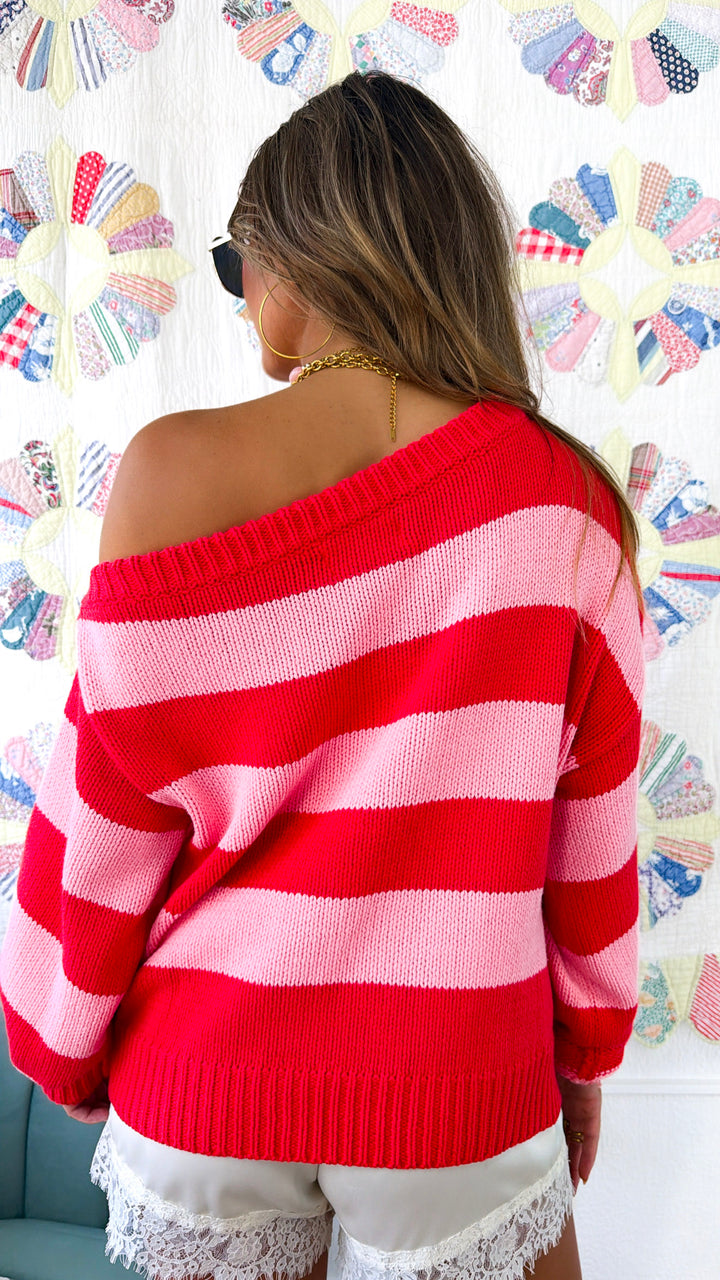 Stripe Off The Shoulder Sweater, Red/Pink