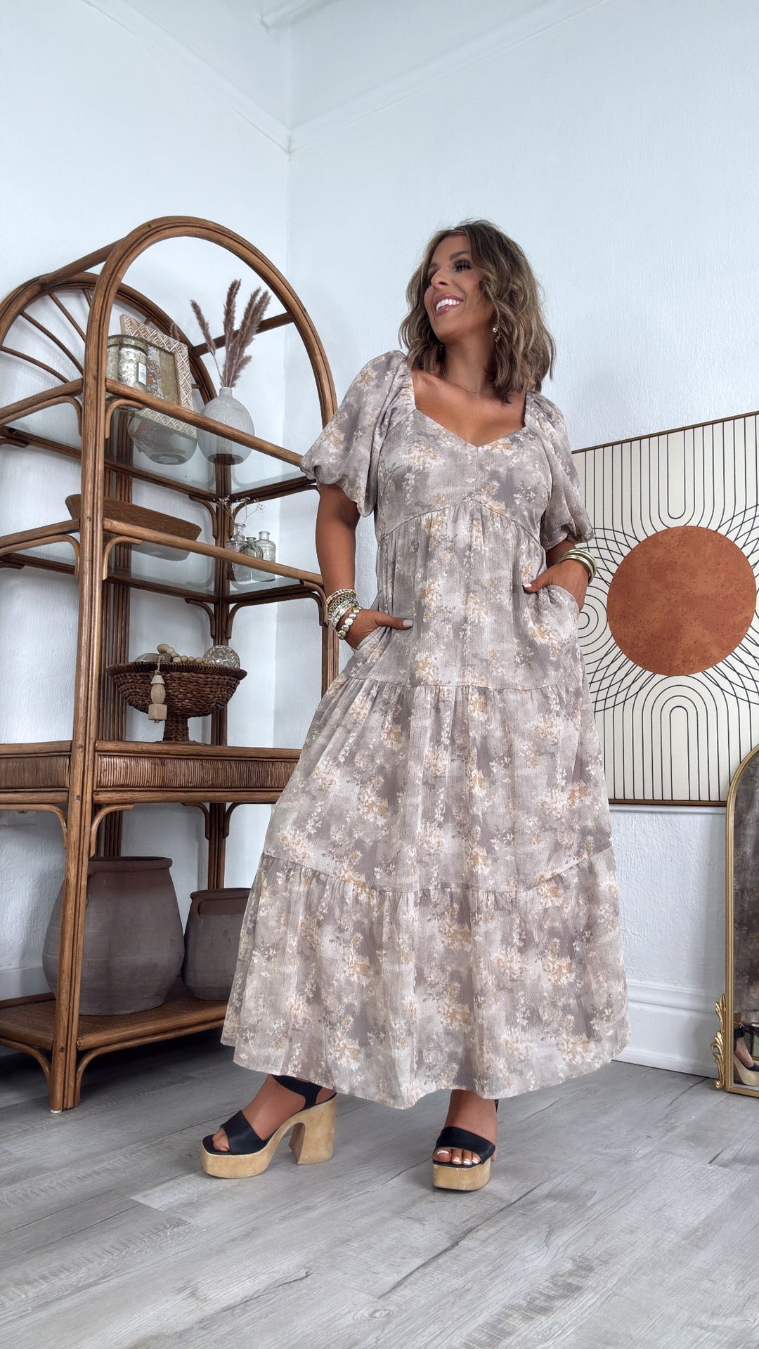 Granite Hues Whimsical Bubble Sleeve Maxi Dress, Taupe