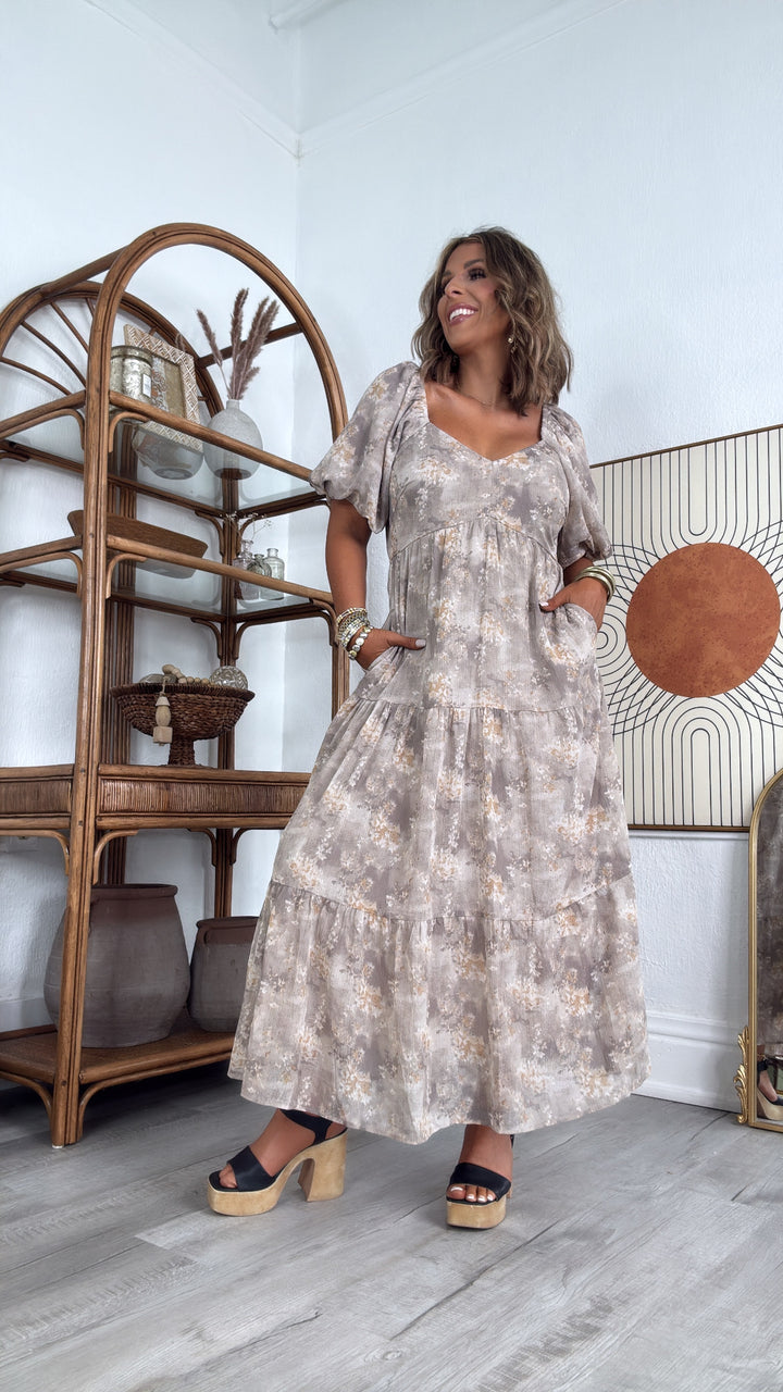 Granite Hues Whimsical Bubble Sleeve Maxi Dress, Taupe