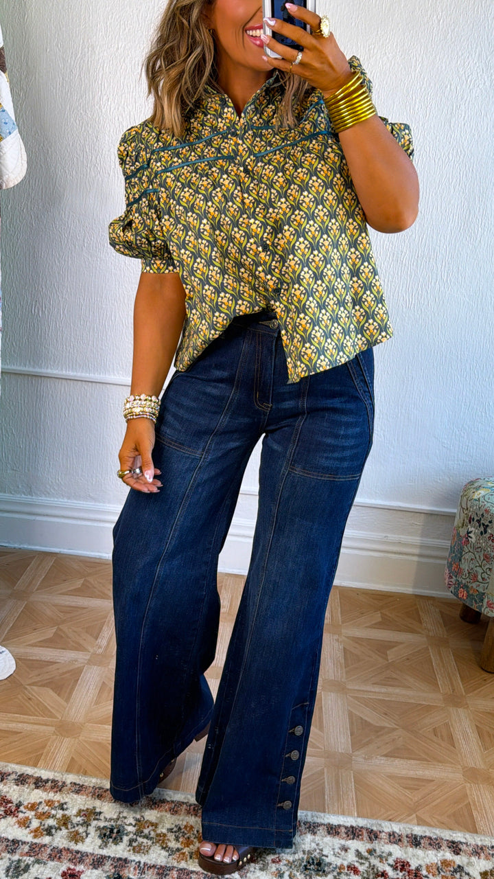 Dried Fields Puff Sleeve Blouse, Teal Green Multi