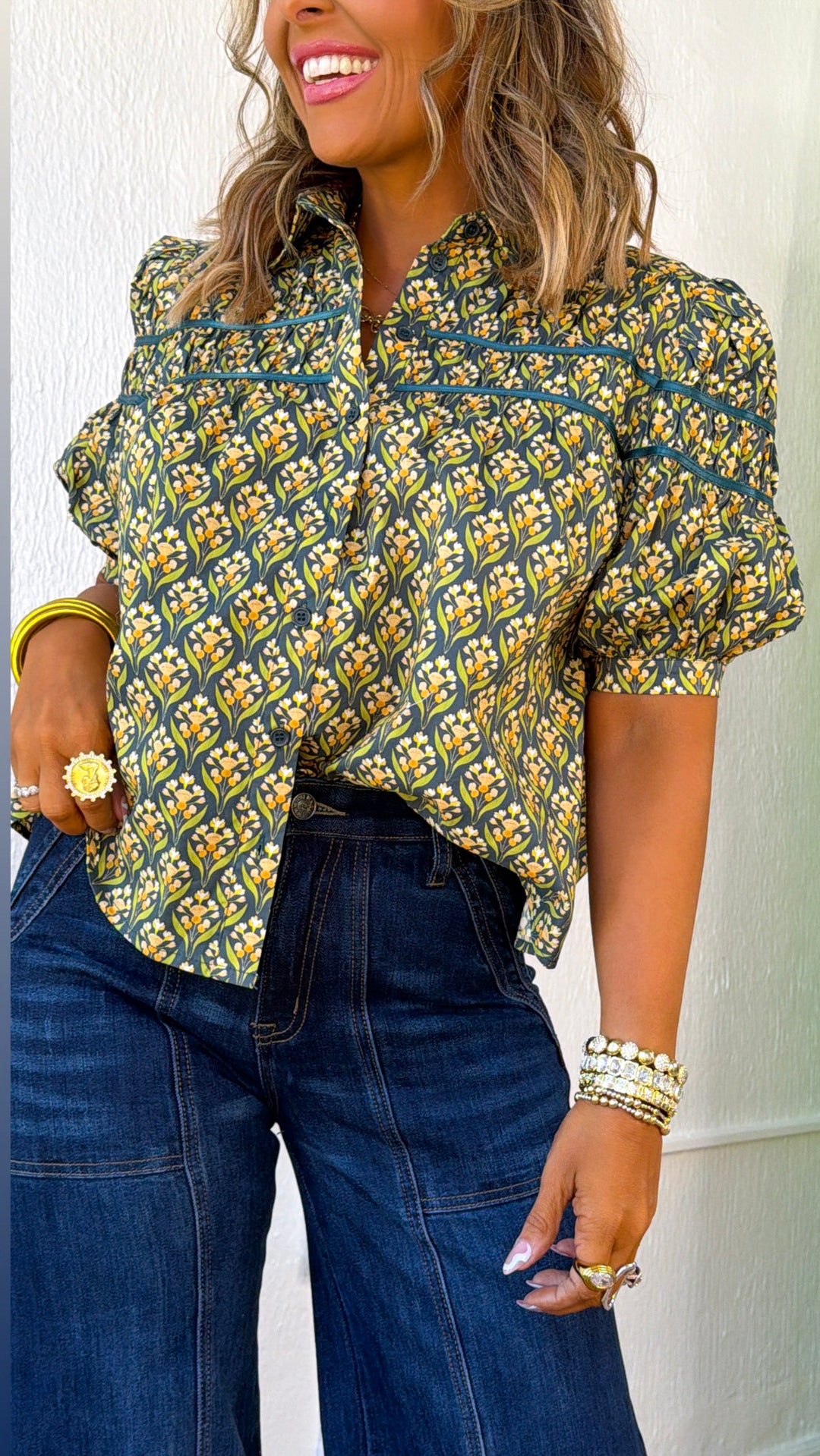 Dried Fields Puff Sleeve Blouse, Teal Green Multi