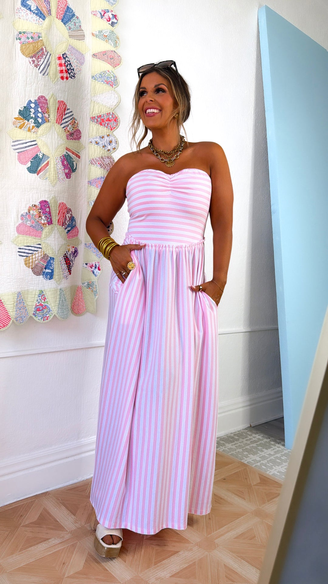 The Grandview Midi Dress, Pink/White