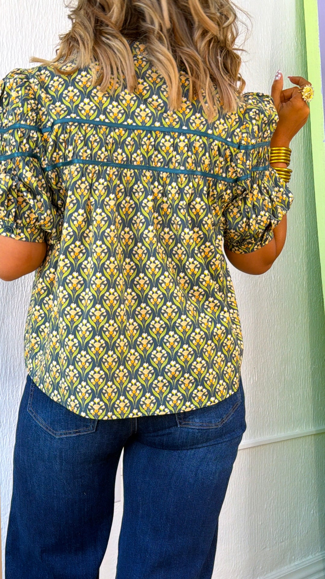 Dried Fields Puff Sleeve Blouse, Teal Green Multi