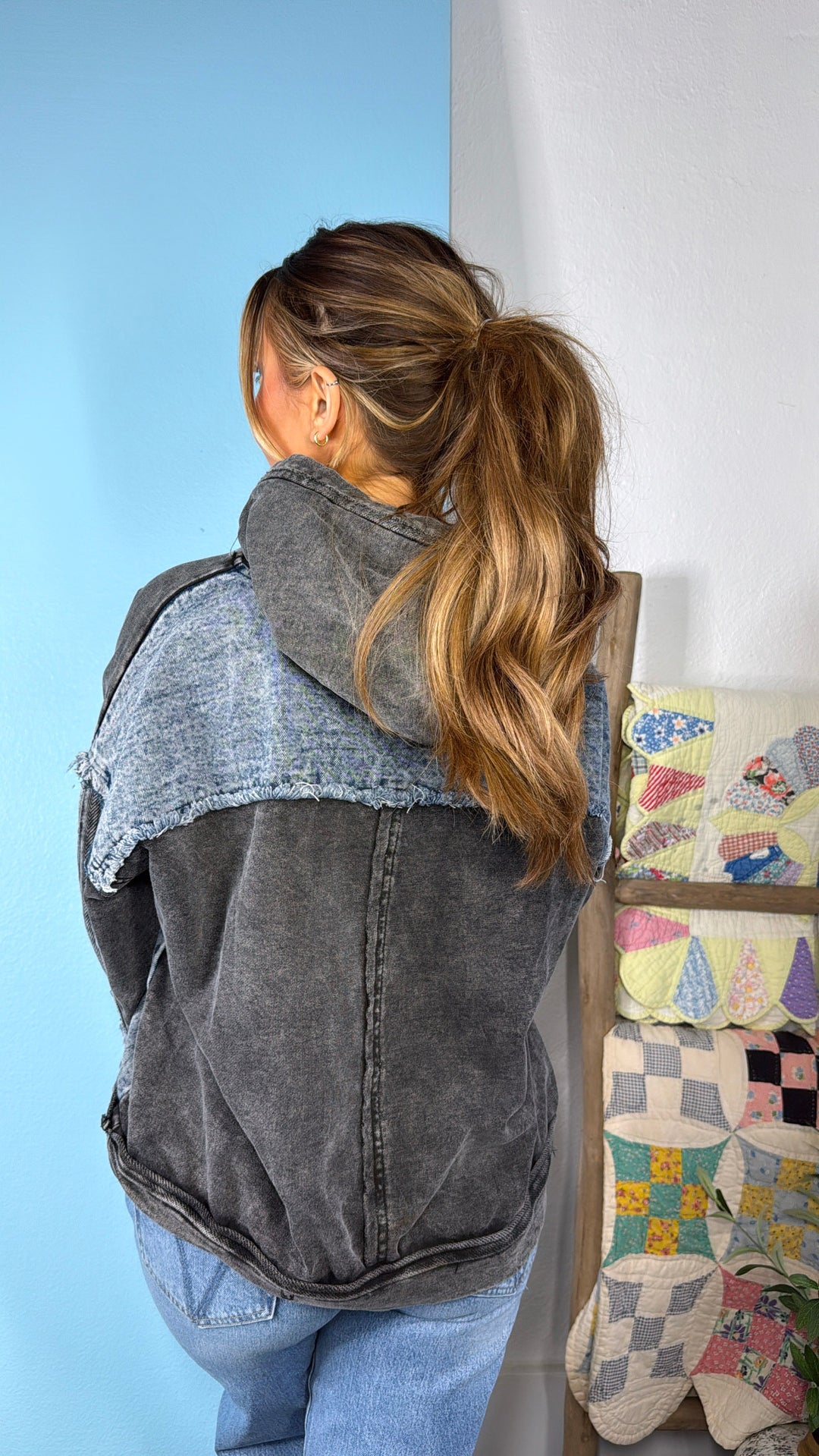 Stray Mixed Hoodie, Black/Denim