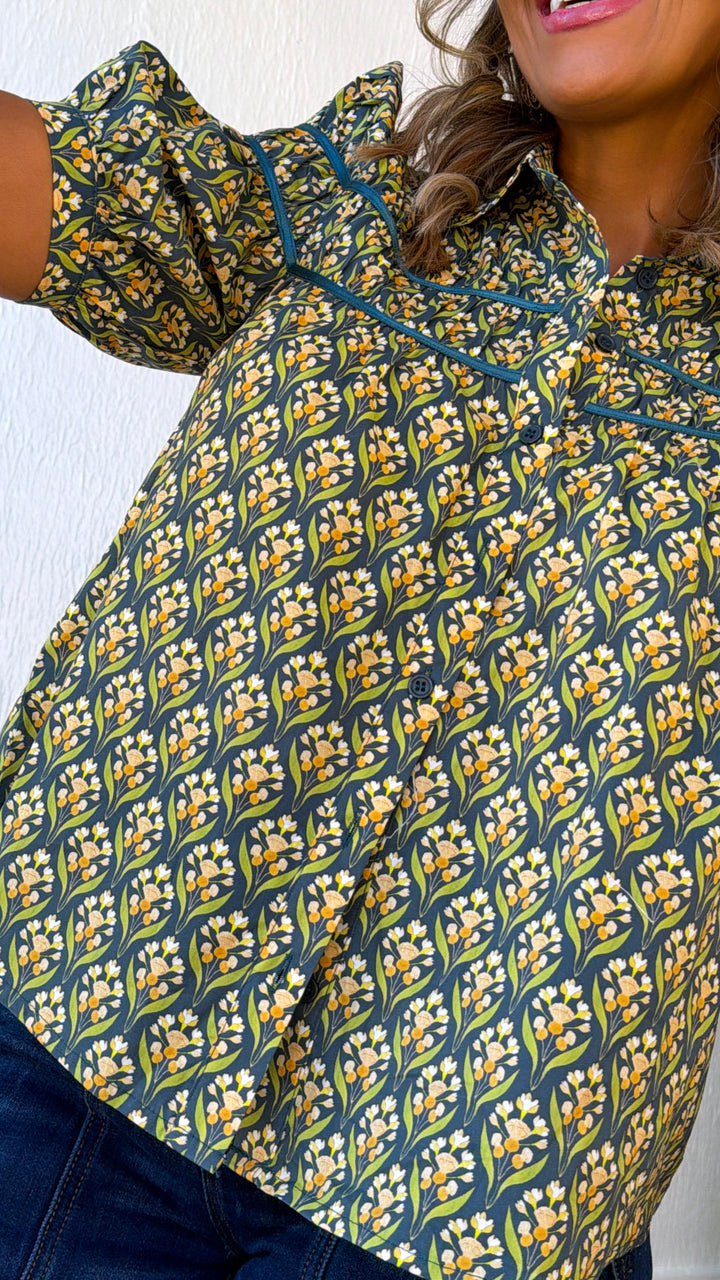 Dried Fields Puff Sleeve Blouse, Teal Green Multi