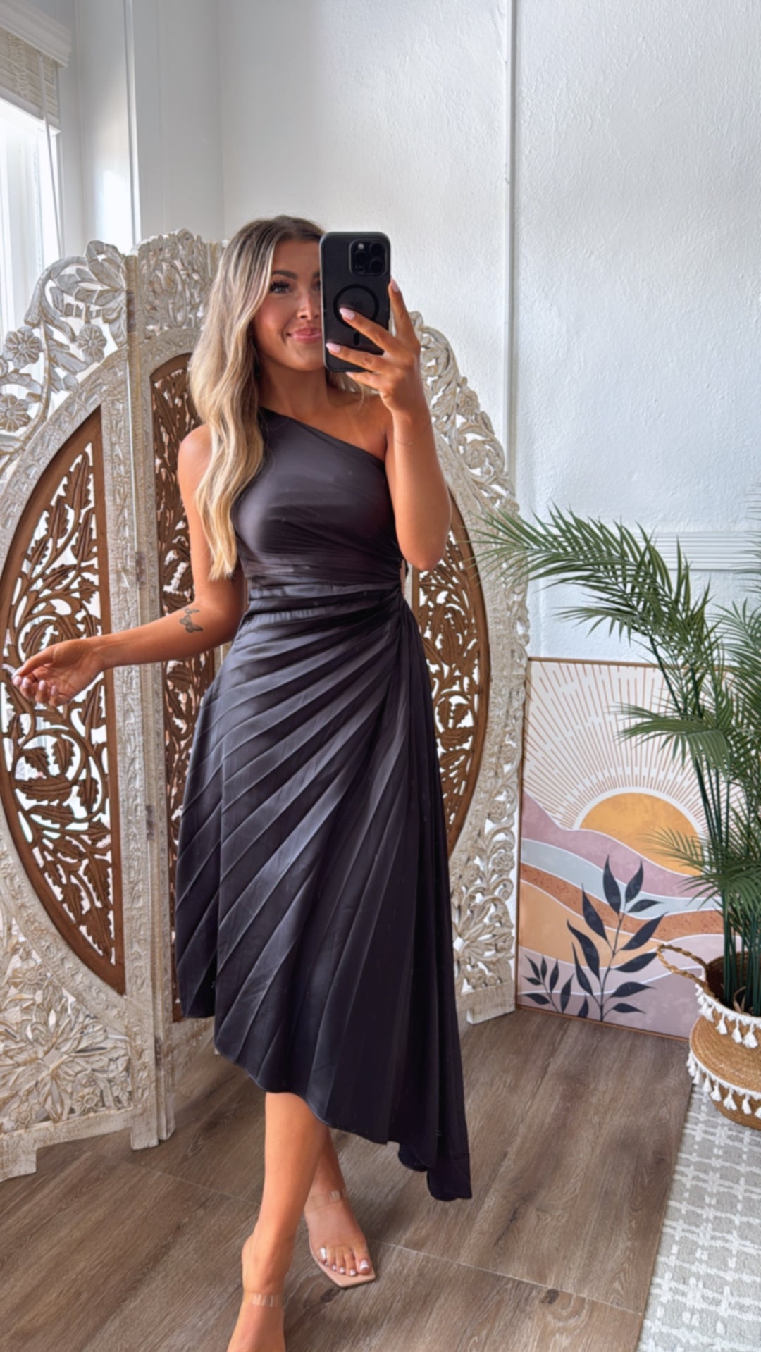 Olivia One Shoulder Satin Pleated Dress, Black