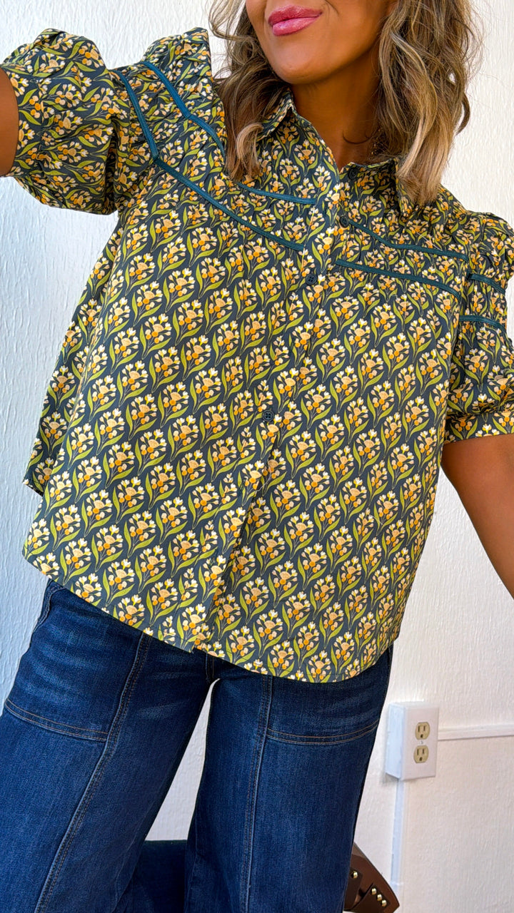 Dried Fields Puff Sleeve Blouse, Teal Green Multi