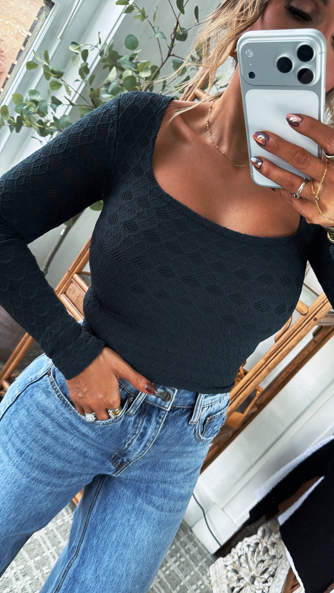 Lace Texture Square Neck Top, Black