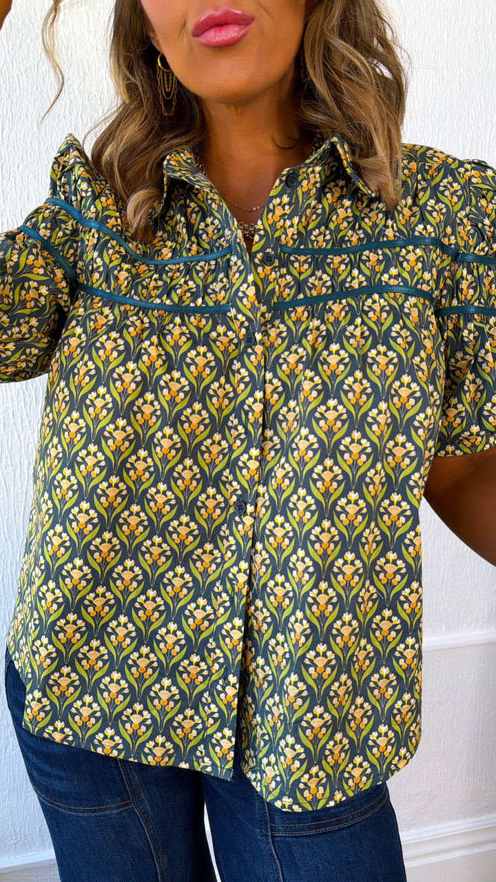 Dried Fields Puff Sleeve Blouse, Teal Green Multi