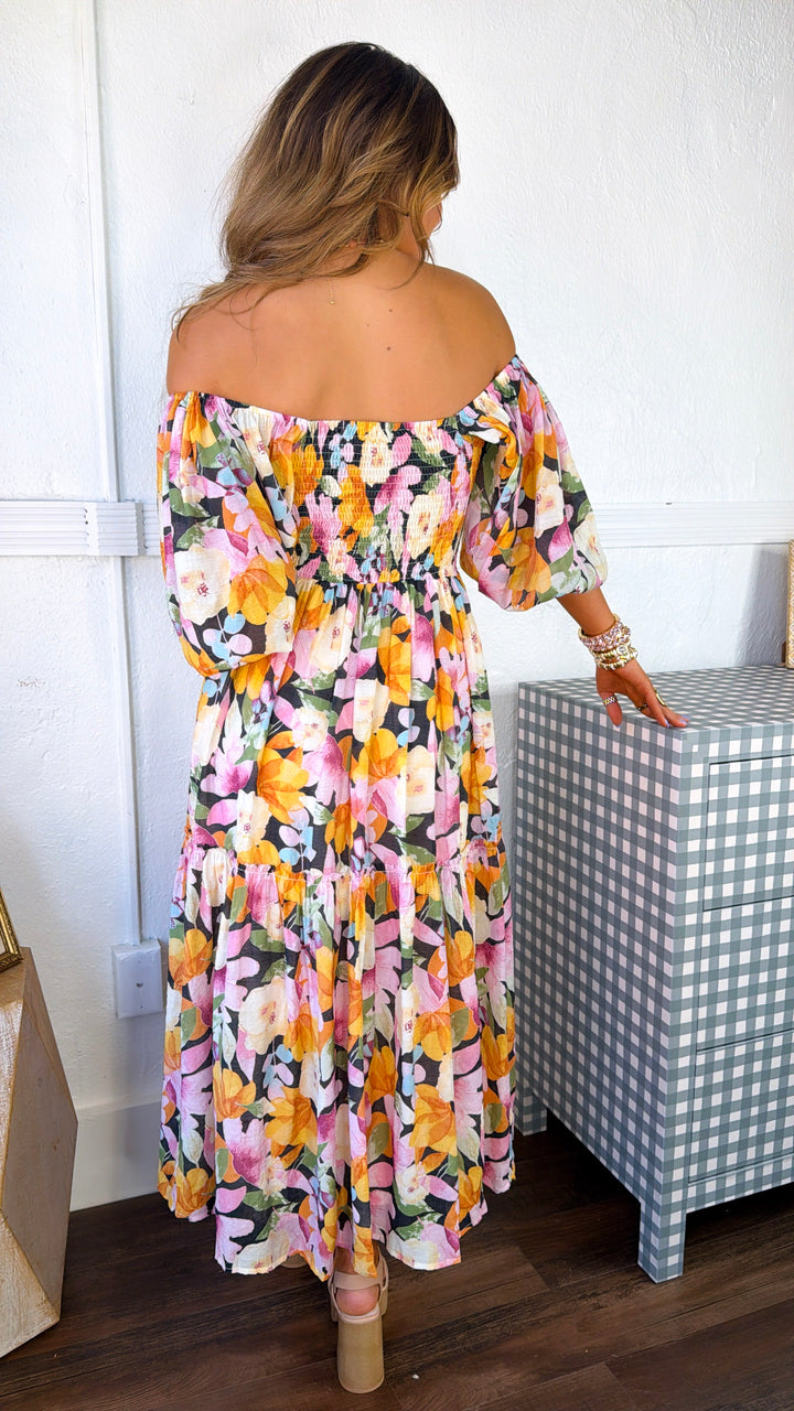 Havana Bloom Smocked Dress, Black Multi