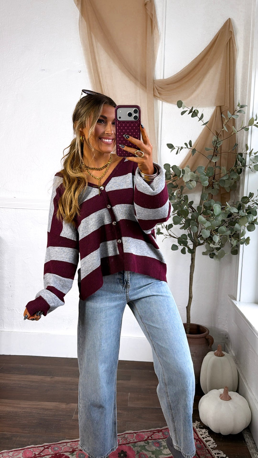 V-Neck Stripe Cardigan, Burgundy/ Grey