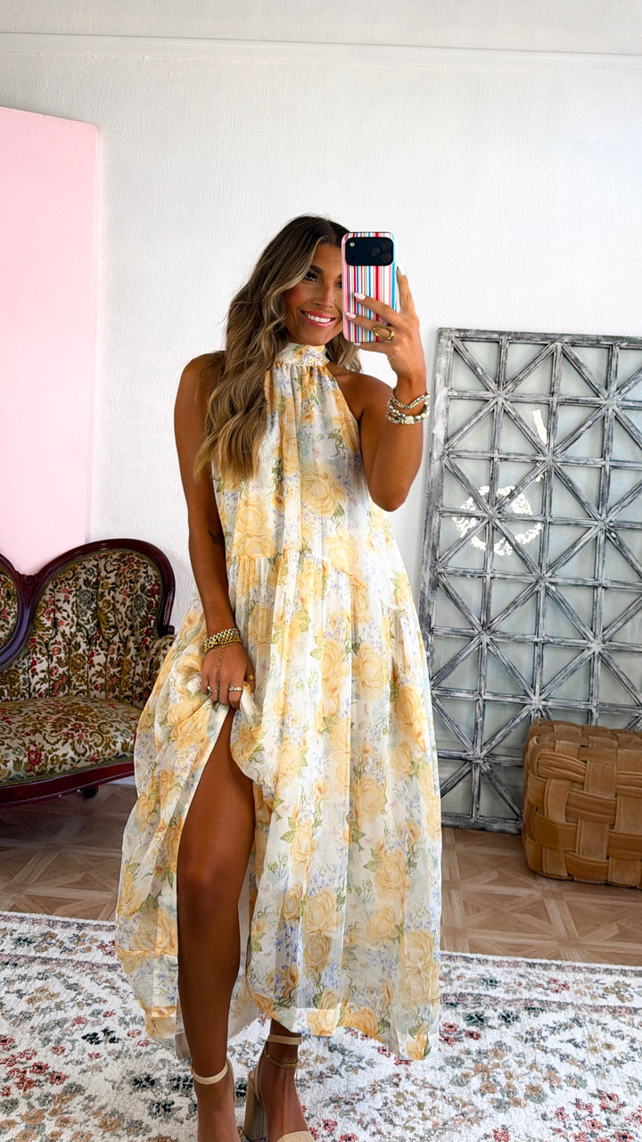 Happiest Year Floral Halter Dress, Ivory/Yellow