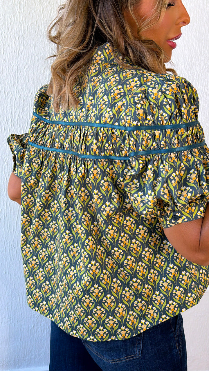 Dried Fields Puff Sleeve Blouse, Teal Green Multi
