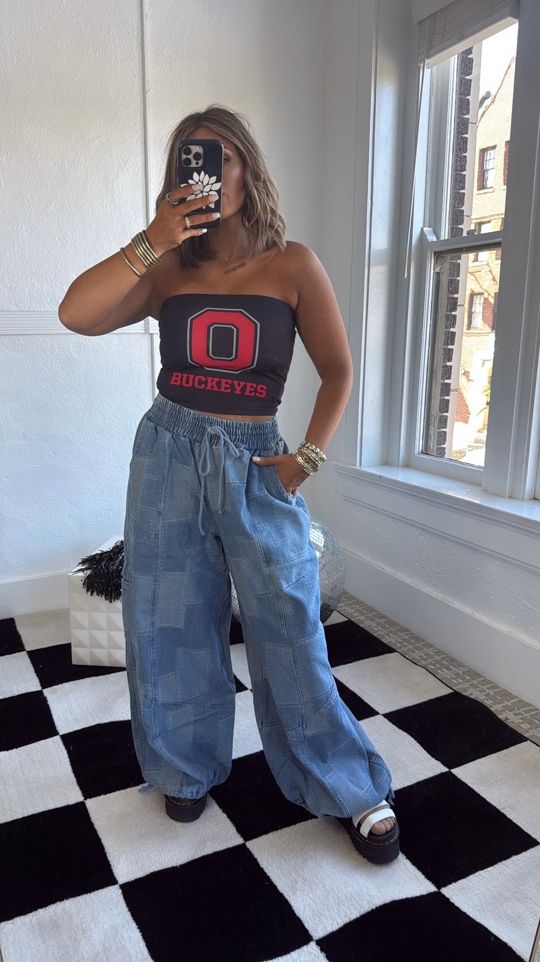 ECB Exclusive: Demi Denim Checkered Patchwork Jogger Pant