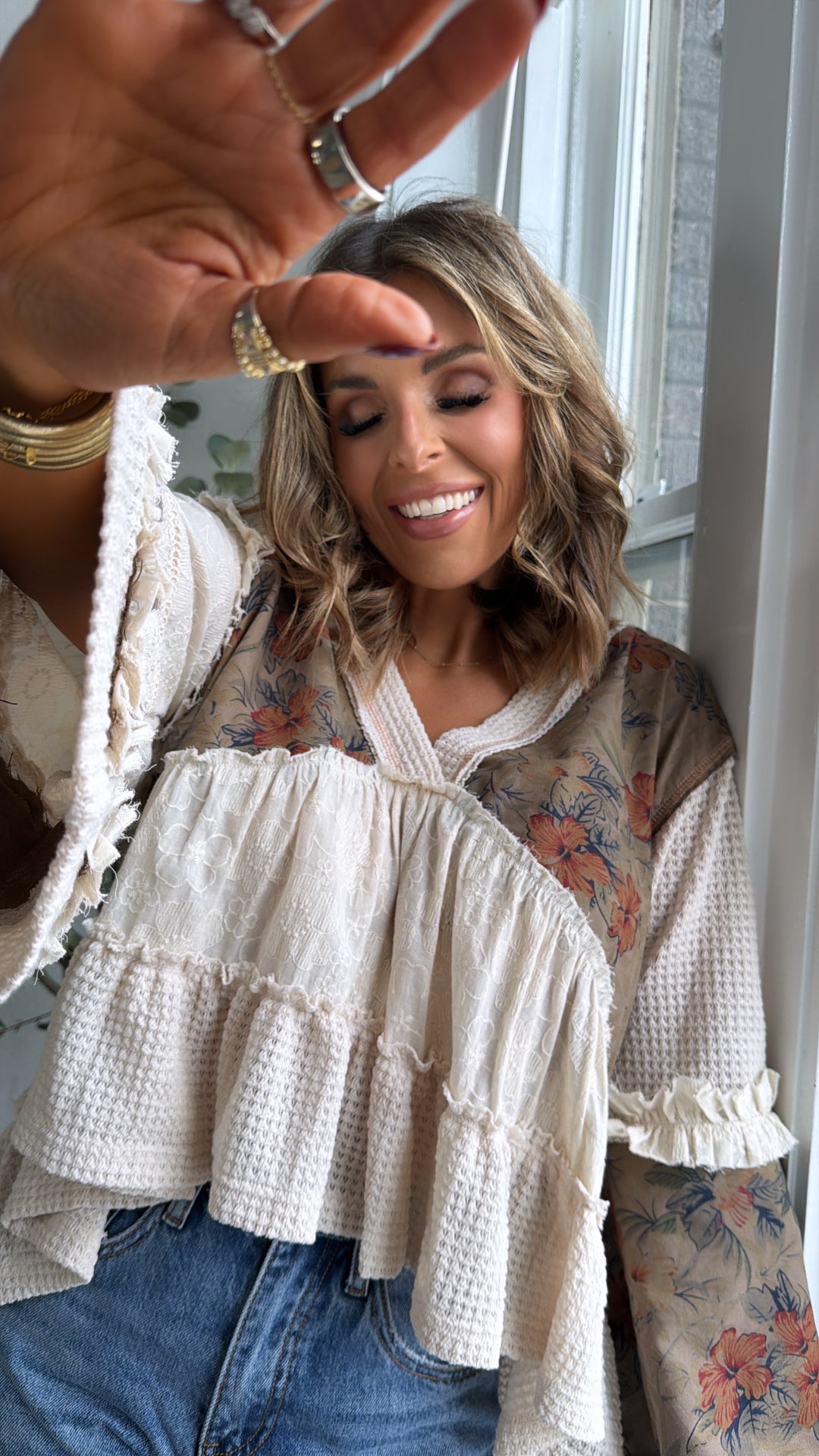 Hibiscus Blooms Patchwork Top, Cream Multi