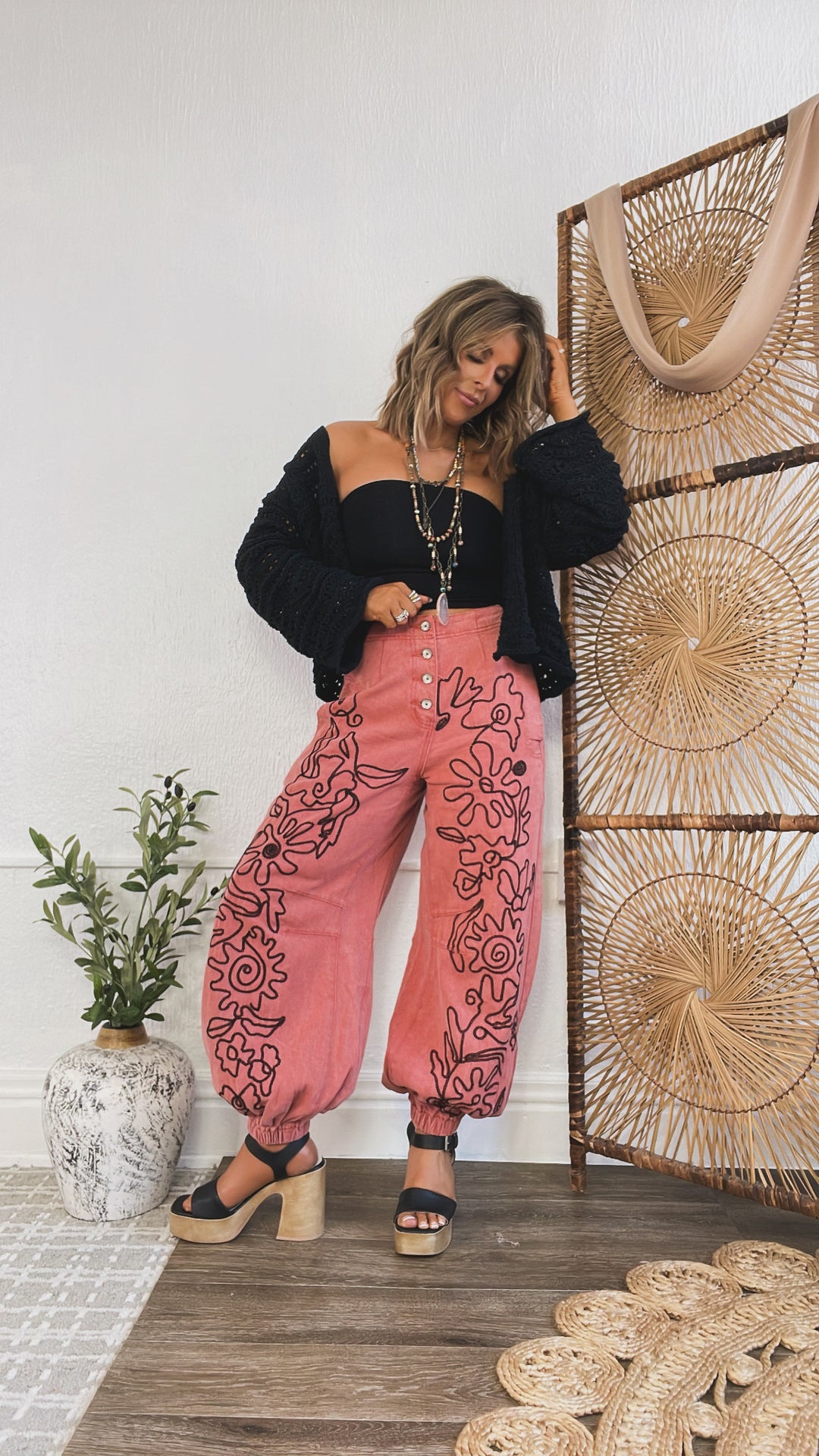 For The Love Of Floral Embroidered Denim Jogger, Dried Apple