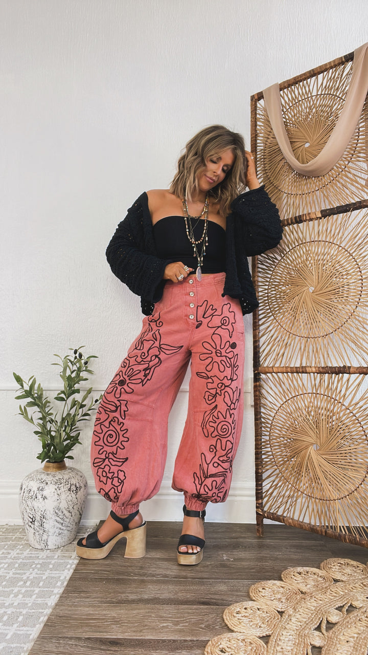 For The Love Of Floral Embroidered Denim Jogger, Dried Apple