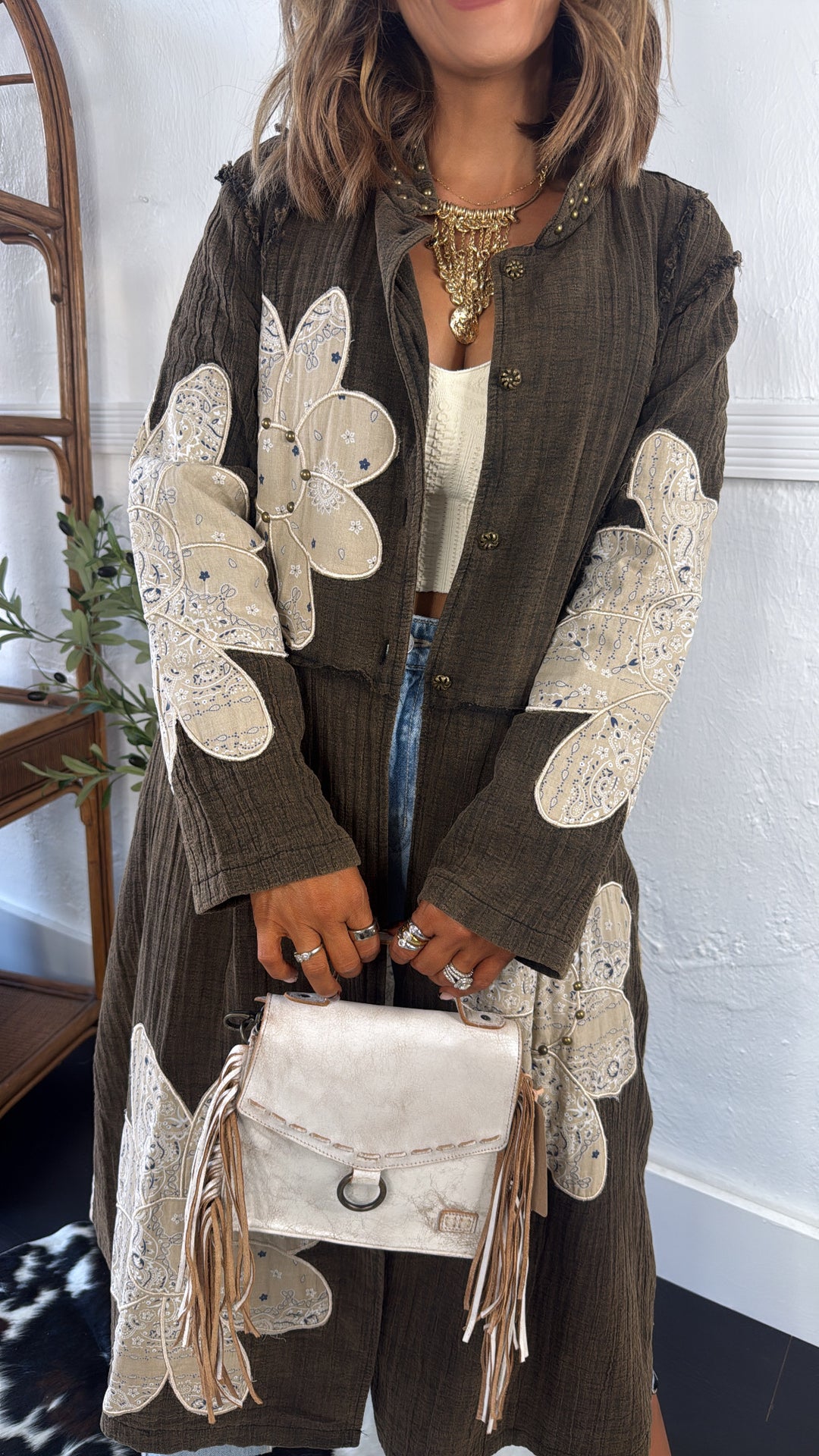 MoonShadow Oversized Duster Jacket, Distressed Brown