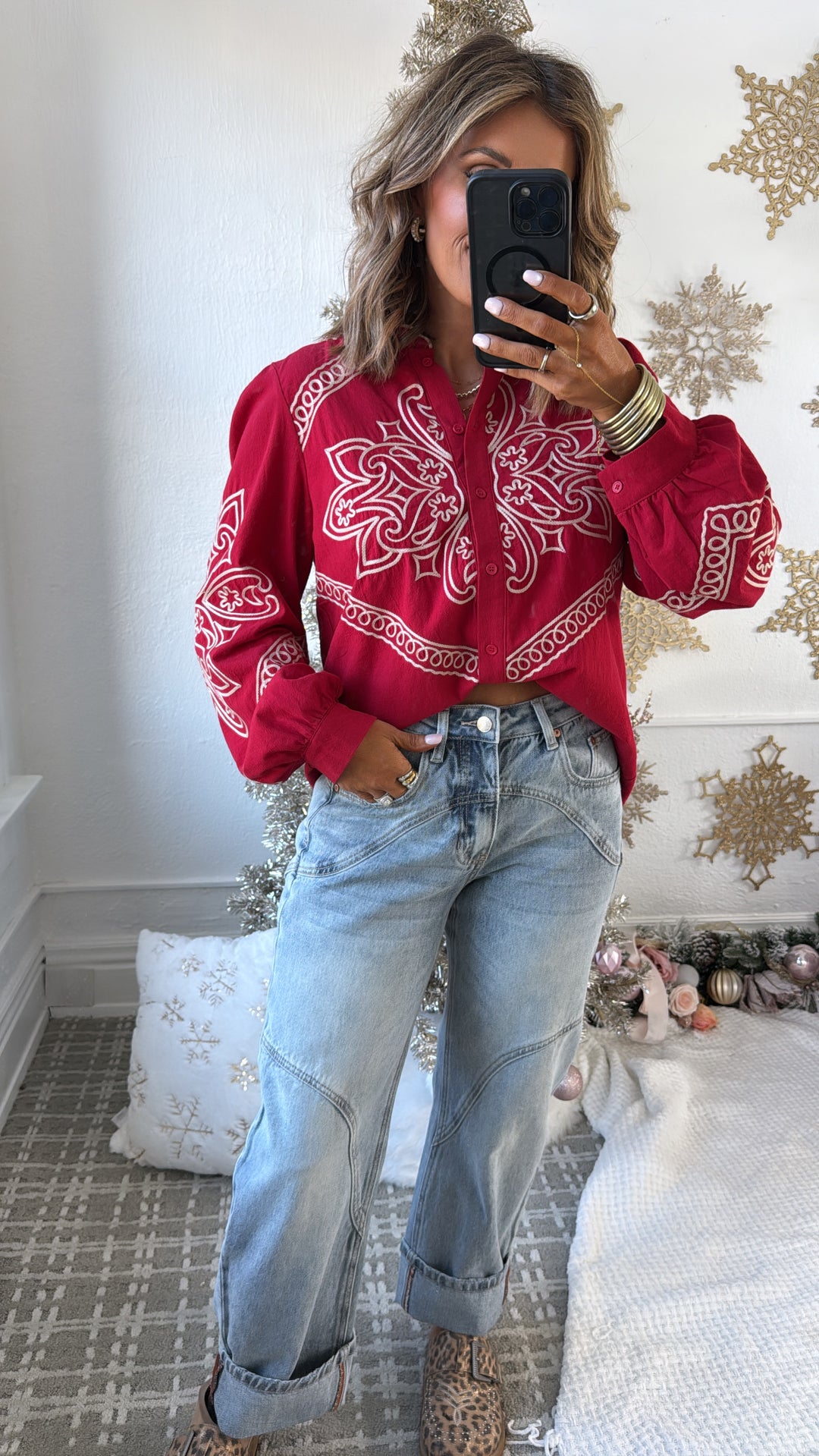 Sundance Ruffle Embroidered Button Up Top, Ruby Red