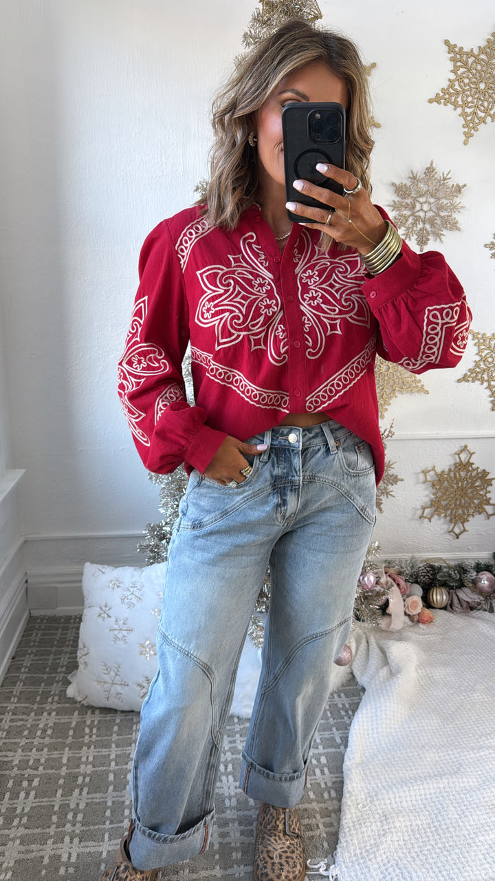 Sundance Ruffle Embroidered Button Up Top, Ruby Red
