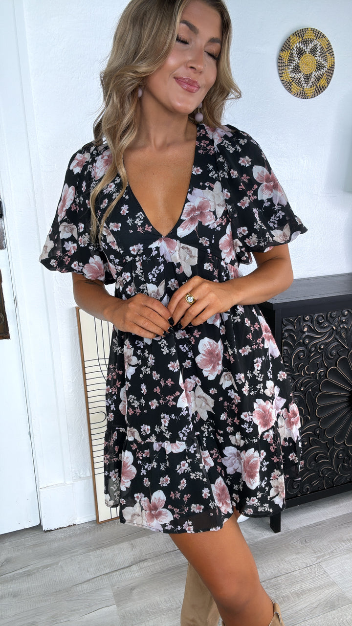 Della Dainty Floral Bubble Sleeve Mini Dress, Fall Black Multi