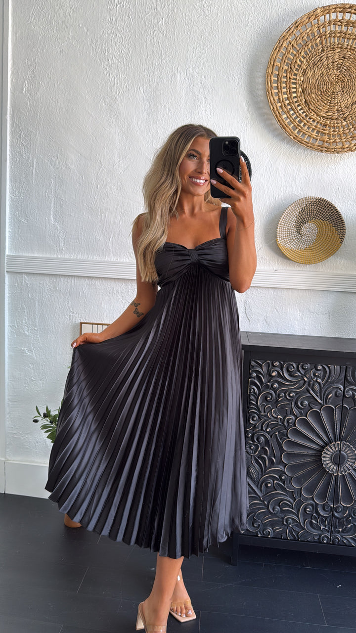 Be Seen Satin Pleated Midi Dress, Black