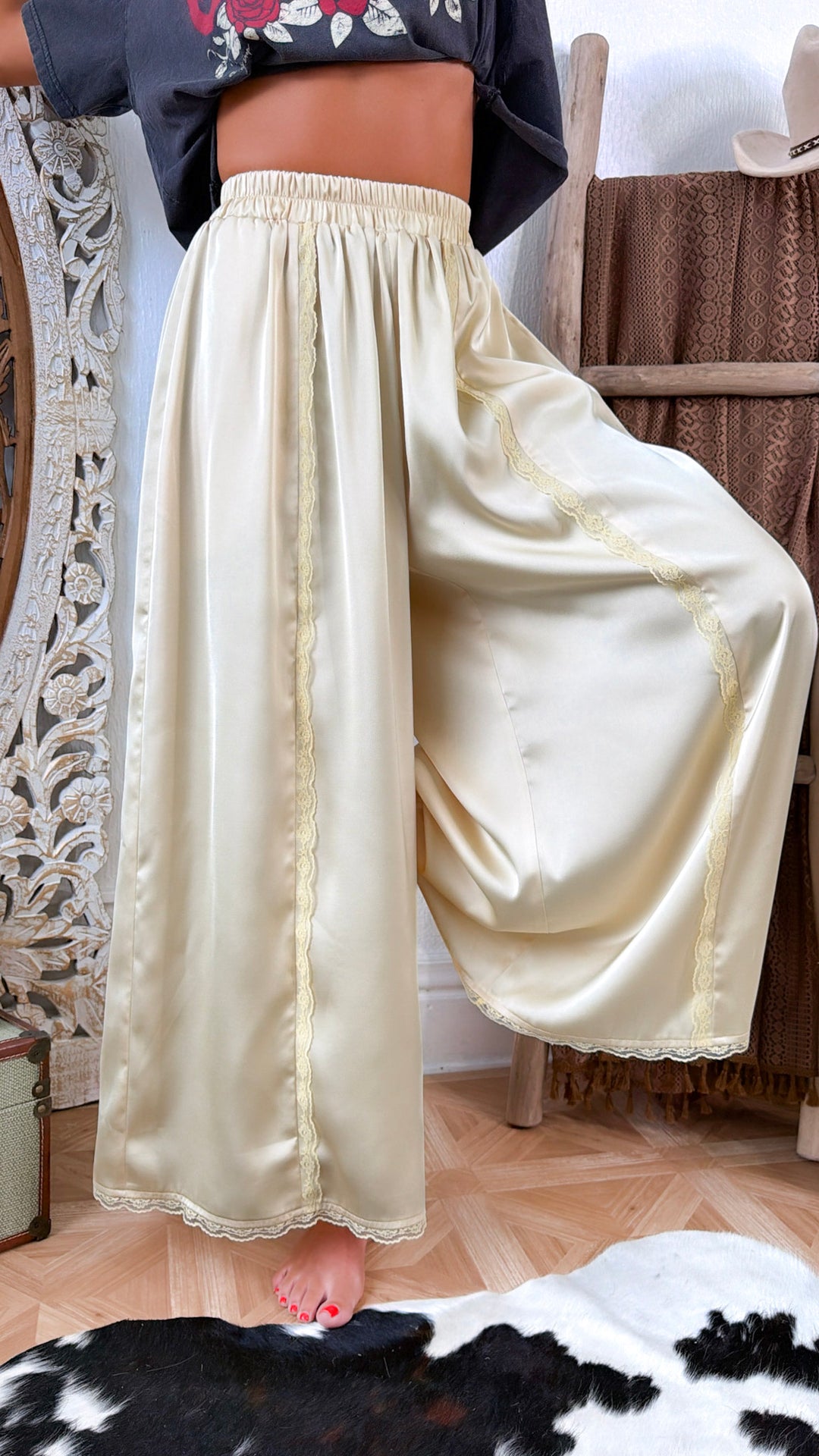 Satin Lace Trim Flowy Pants, Creamy Light Yellow – Everyday Chic Boutique