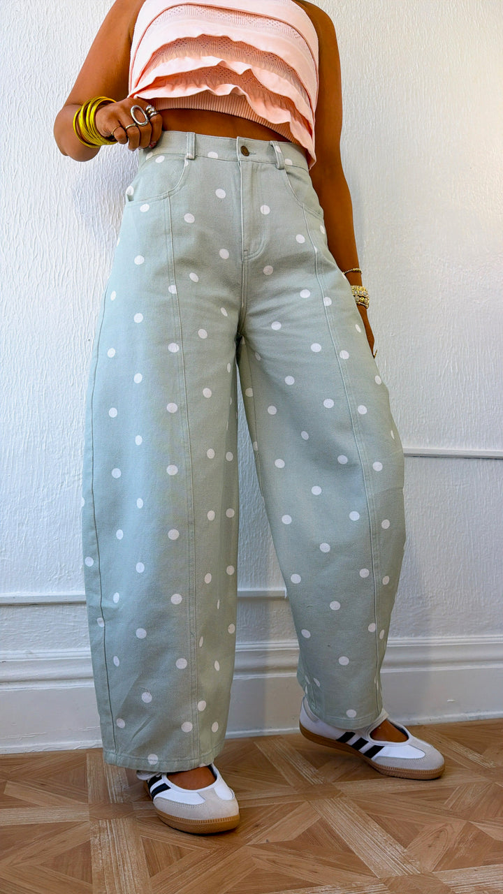 Sweet Pea Polka Dot Barrel Pants, Sage