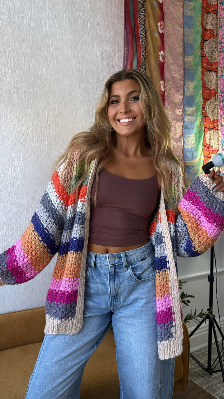 Hand Crochet Oversized Cardigan, Cream Multi