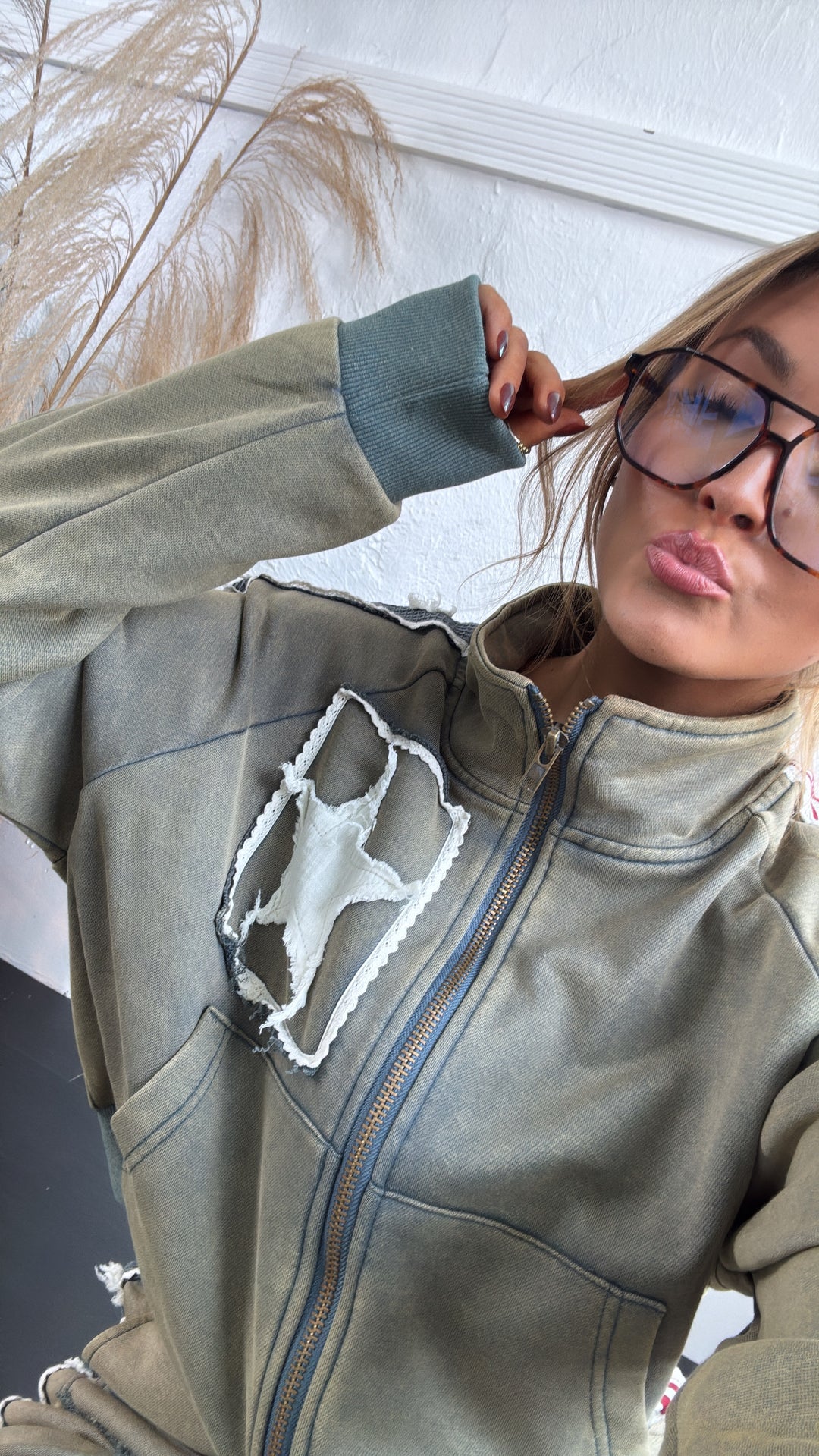 American Dream Patch Zip Up Jacket, Vintage Moss