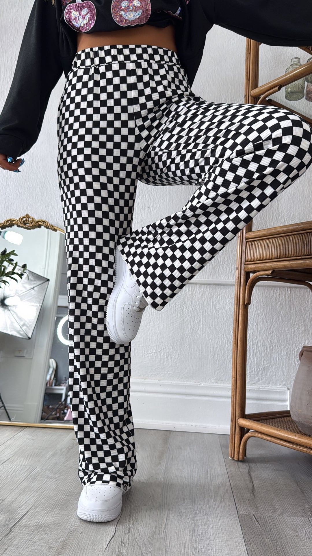 Flared Pants Black And White Checkered High Waisted Pants ECB