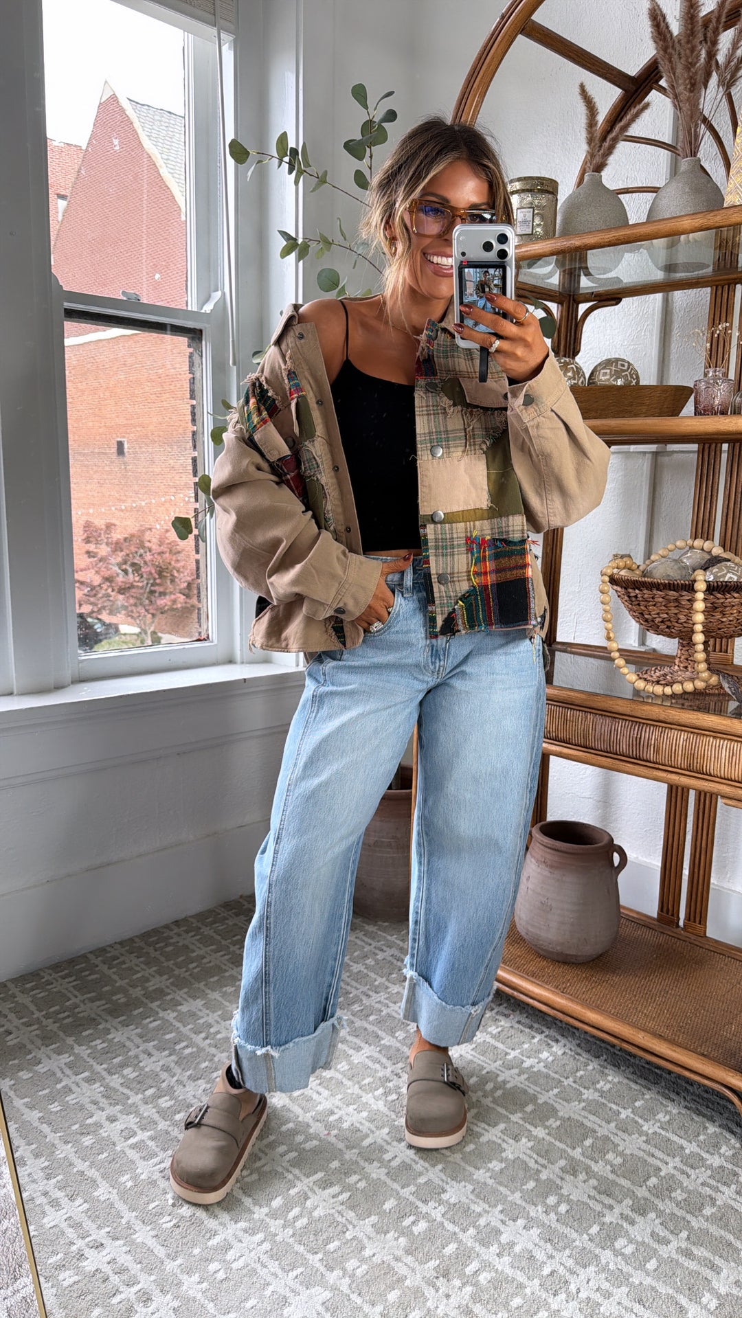 Care Free Plaid Patch Button Down Jacket, Khaki