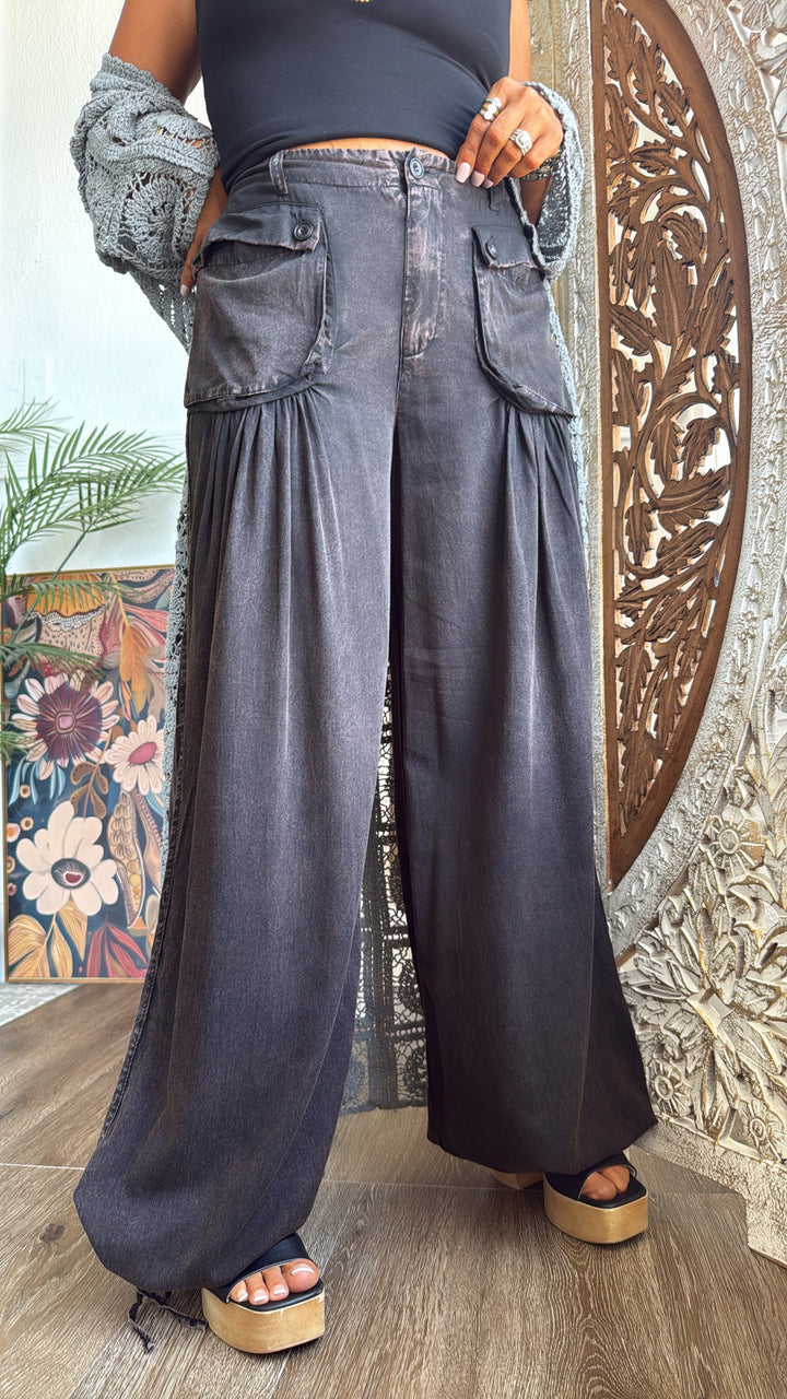 Washed Wide Leg Parachute Pants, Black