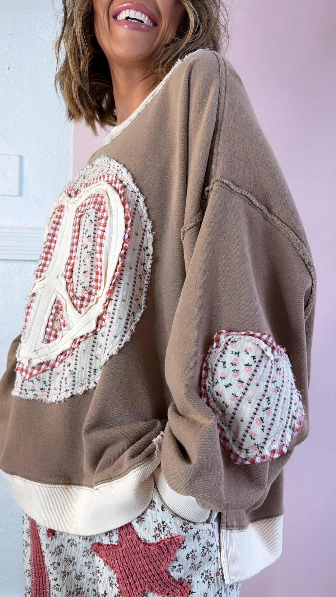 Heart In Peace Patchwork Top, Mocha