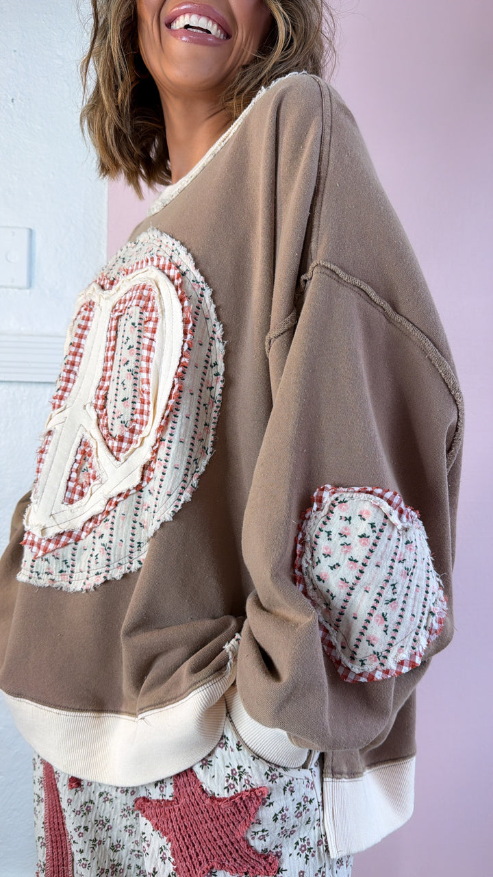 Heart In Peace Patchwork Top, Mocha