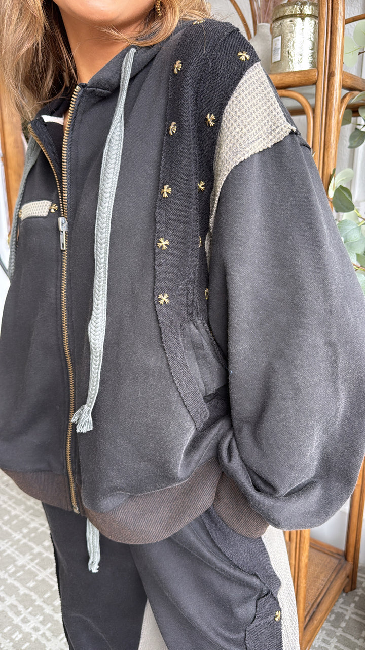 Urban Chic Waffle Knit Zip Up, Black