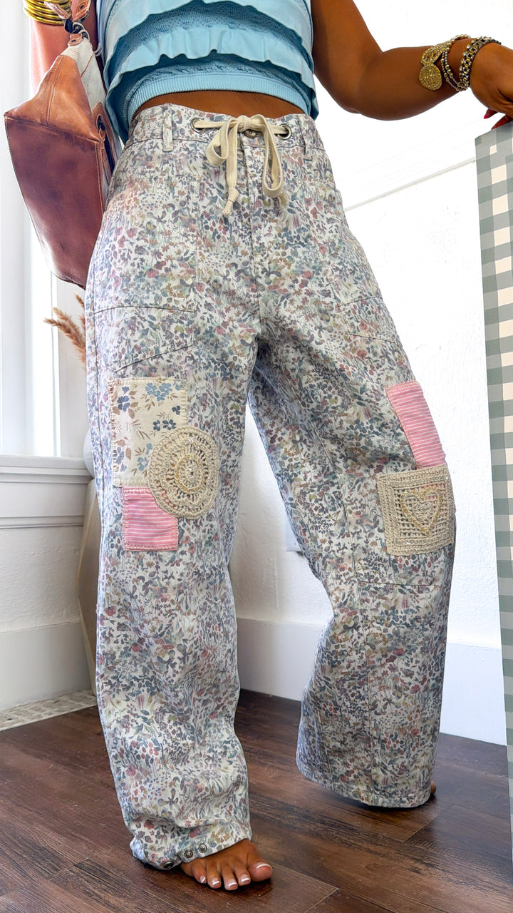 Denim Skies Striped Pants, Floral Multi