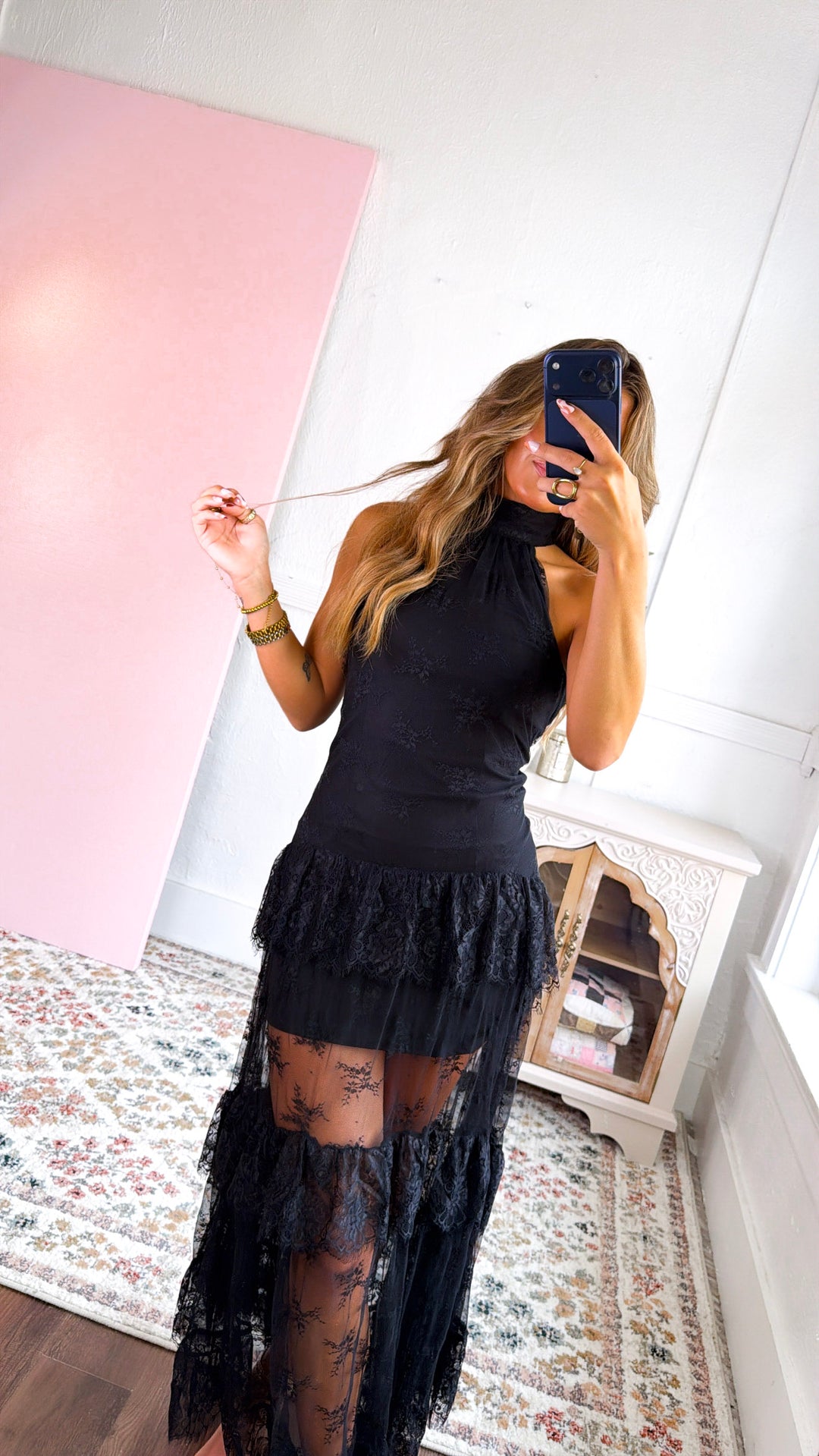 Beauty Lace Ruffled Maxi Dress, Black