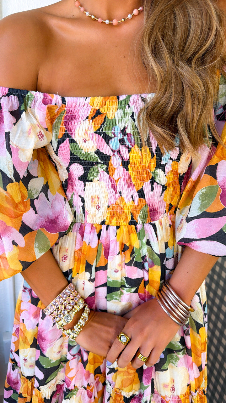 Havana Bloom Smocked Dress, Black Multi